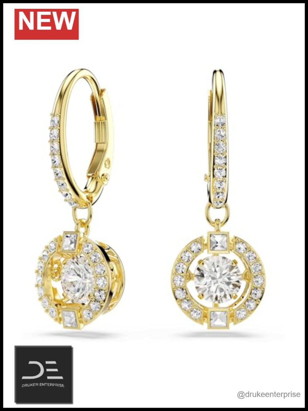 Swarovski Crystal Gold Tone Drop Earrings - Halo Design